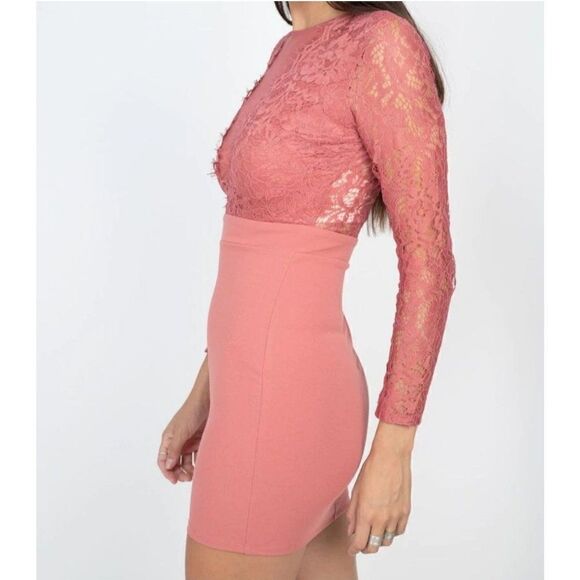 Women's Dress Long Sleeve Lace Stretch Bodycon Mini Dress Marsala Large NWT - Picture 2 of 10